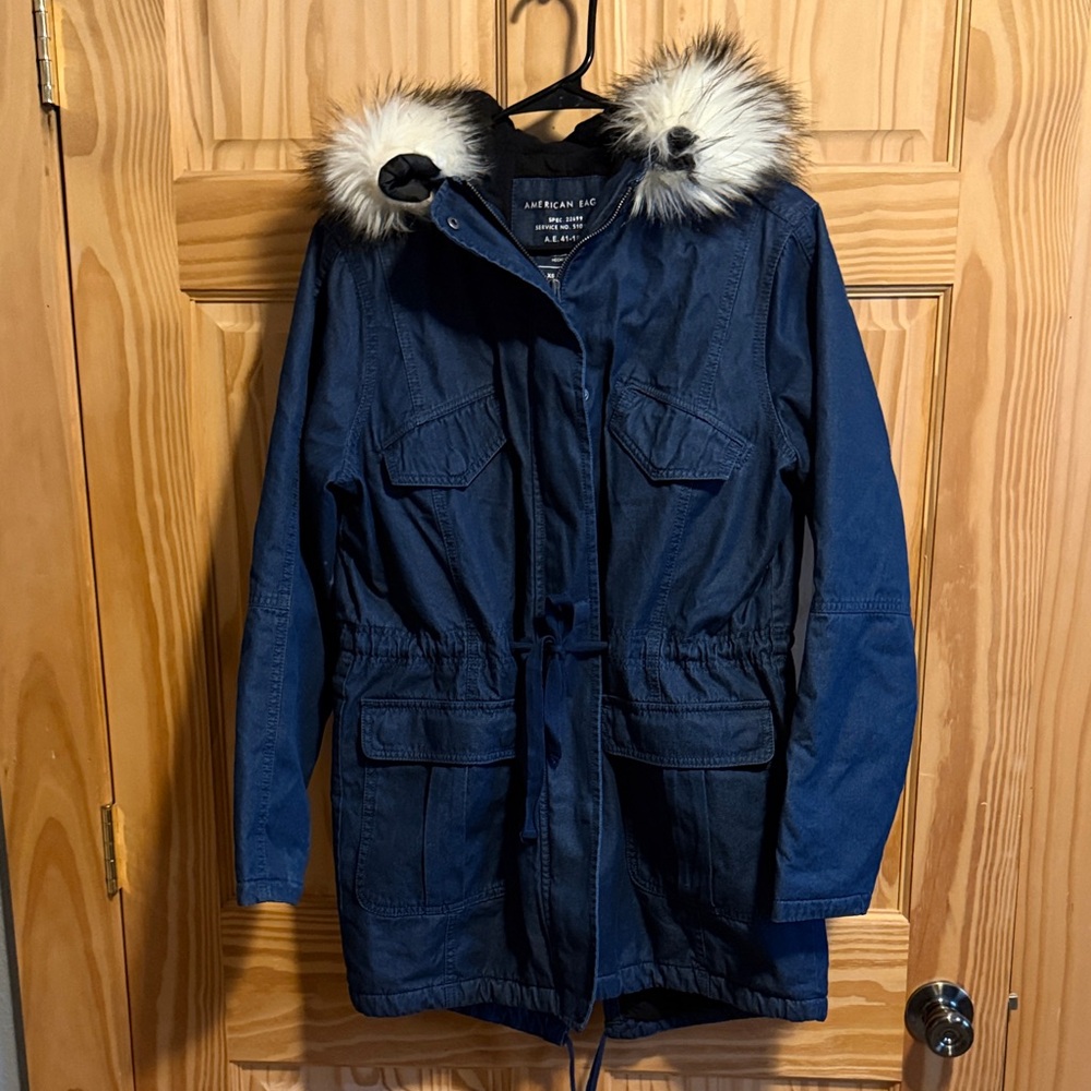 American Eagle Dark Blue Utility Jacket with Faux Fur Trim